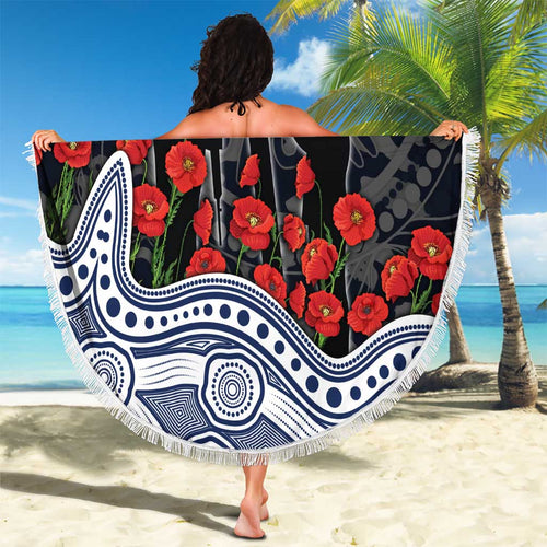 Geelong Cats ANZAC Day Beach Blanket Indigenous Dot Art with Poppy Flower Tribute
