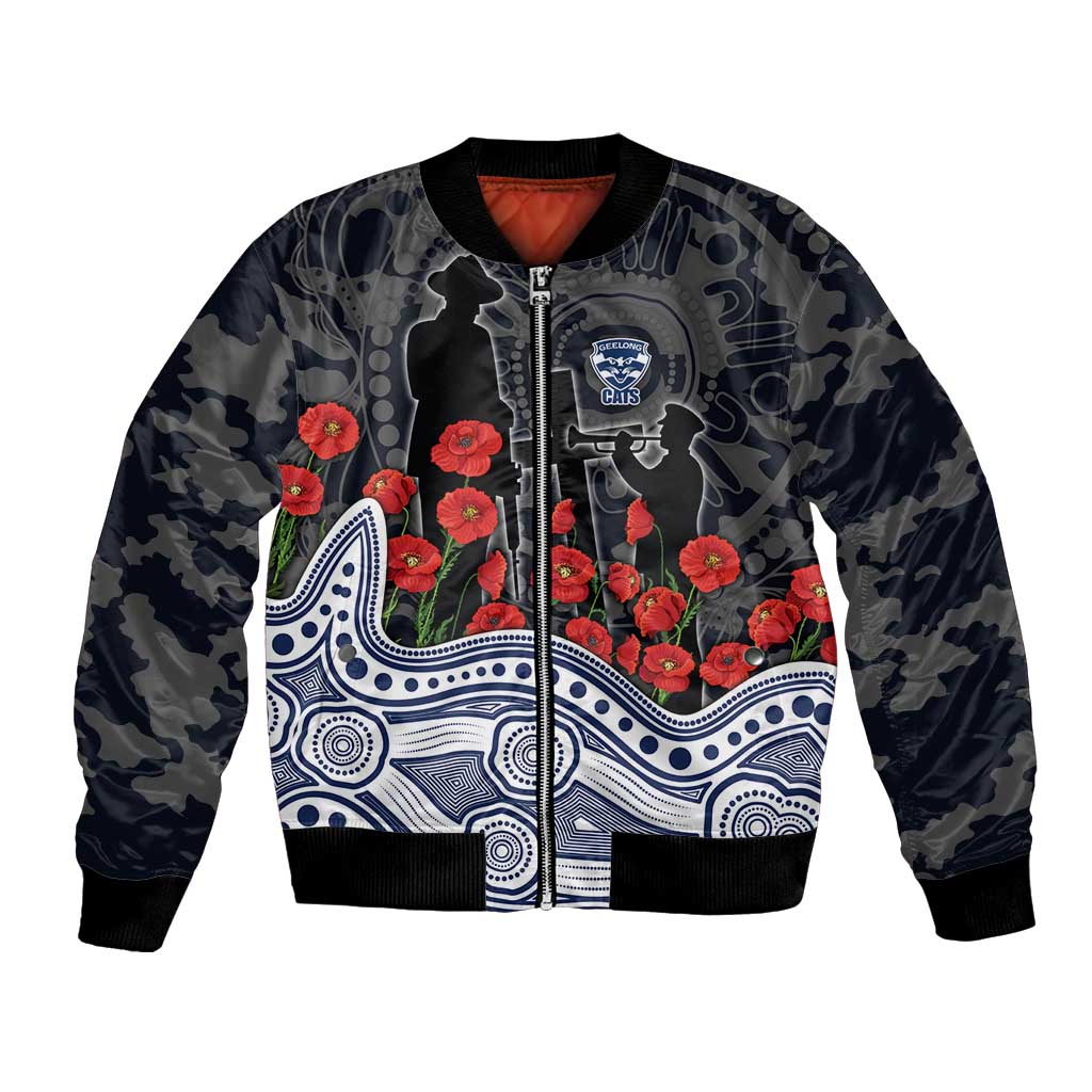 Geelong Cats ANZAC Day Bomber Jacket Indigenous Dot Art with Poppy Flower Tribute