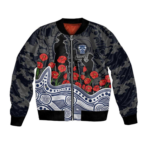 Geelong Cats ANZAC Day Bomber Jacket Indigenous Dot Art with Poppy Flower Tribute
