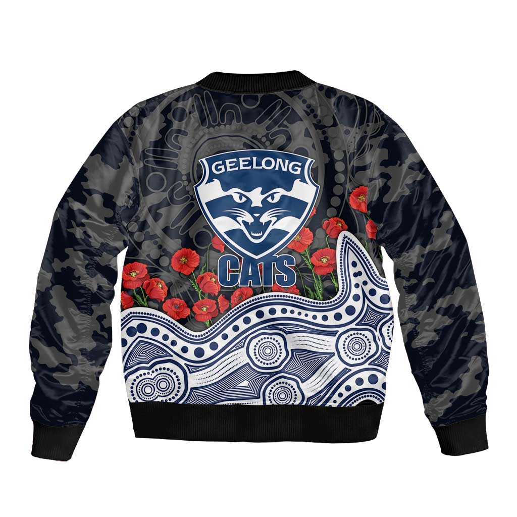 Geelong Cats ANZAC Day Bomber Jacket Indigenous Dot Art with Poppy Flower Tribute