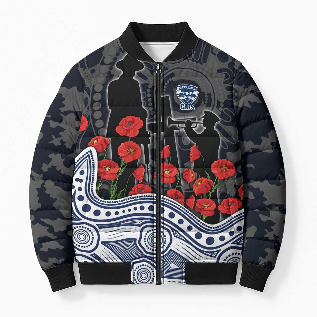 Geelong Cats ANZAC Day Bomber Puffer Jacket Indigenous Dot Art with Poppy Flower Tribute
