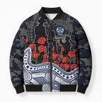 Geelong Cats ANZAC Day Bomber Puffer Jacket Indigenous Dot Art with Poppy Flower Tribute