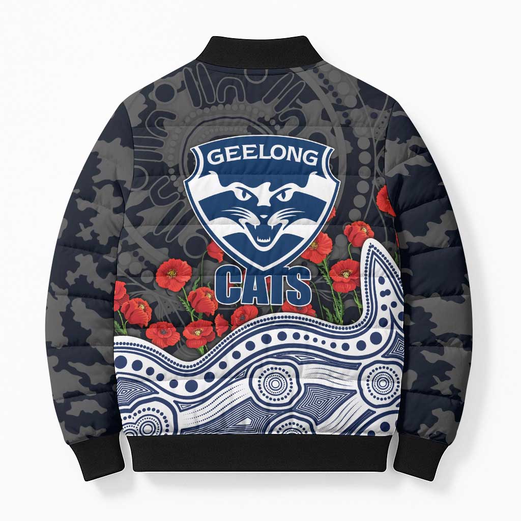 Geelong Cats ANZAC Day Bomber Puffer Jacket Indigenous Dot Art with Poppy Flower Tribute