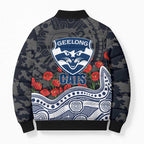Geelong Cats ANZAC Day Bomber Puffer Jacket Indigenous Dot Art with Poppy Flower Tribute
