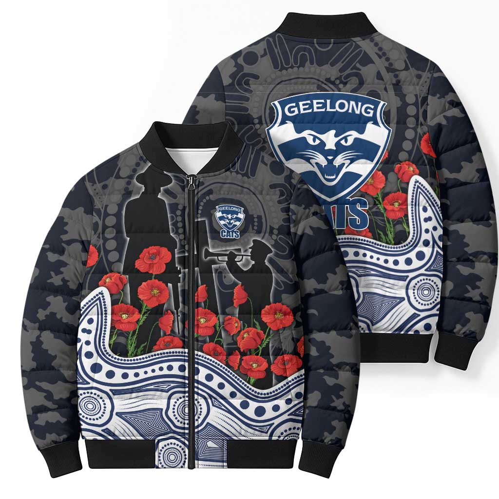 Geelong Cats ANZAC Day Bomber Puffer Jacket Indigenous Dot Art with Poppy Flower Tribute