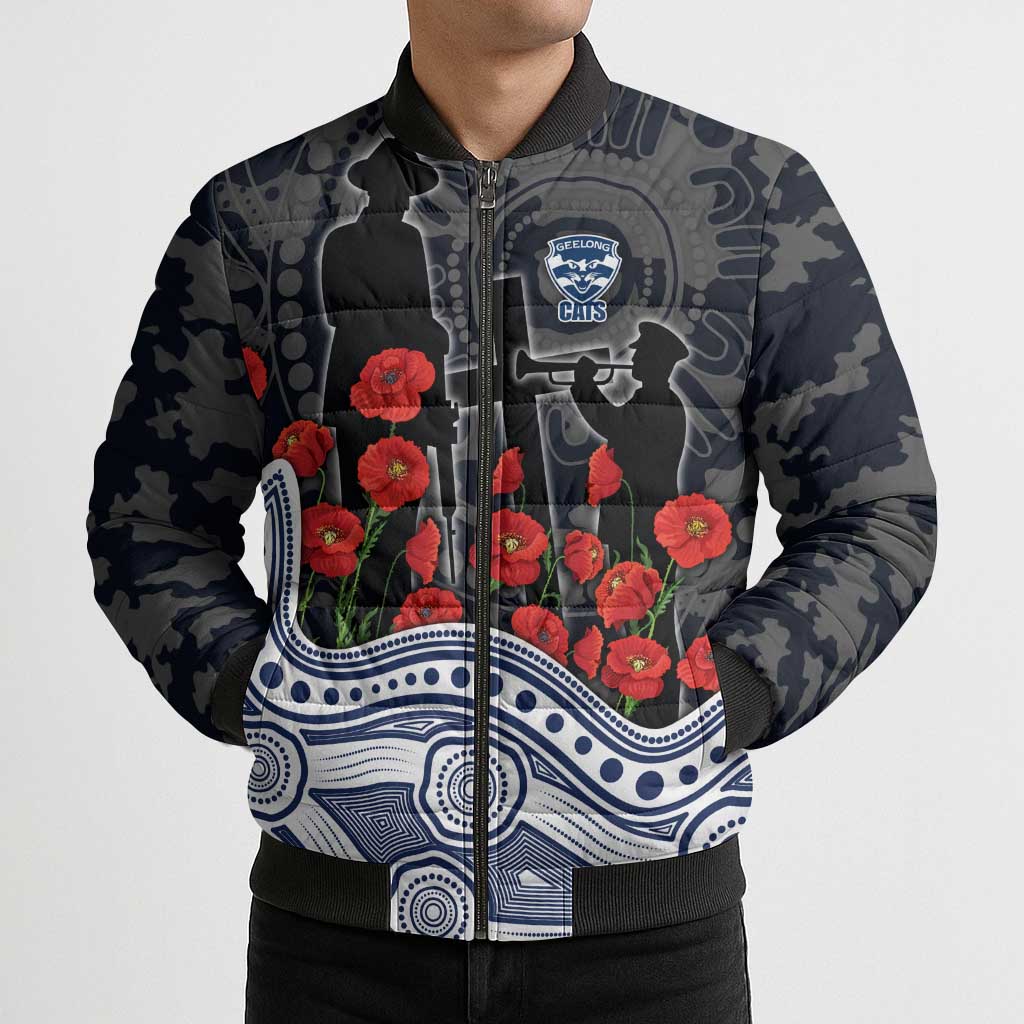 Geelong Cats ANZAC Day Bomber Puffer Jacket Indigenous Dot Art with Poppy Flower Tribute