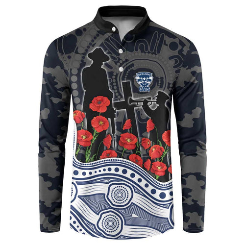 Geelong Cats ANZAC Day Button Sweatshirt Indigenous Dot Art with Poppy Flower Tribute