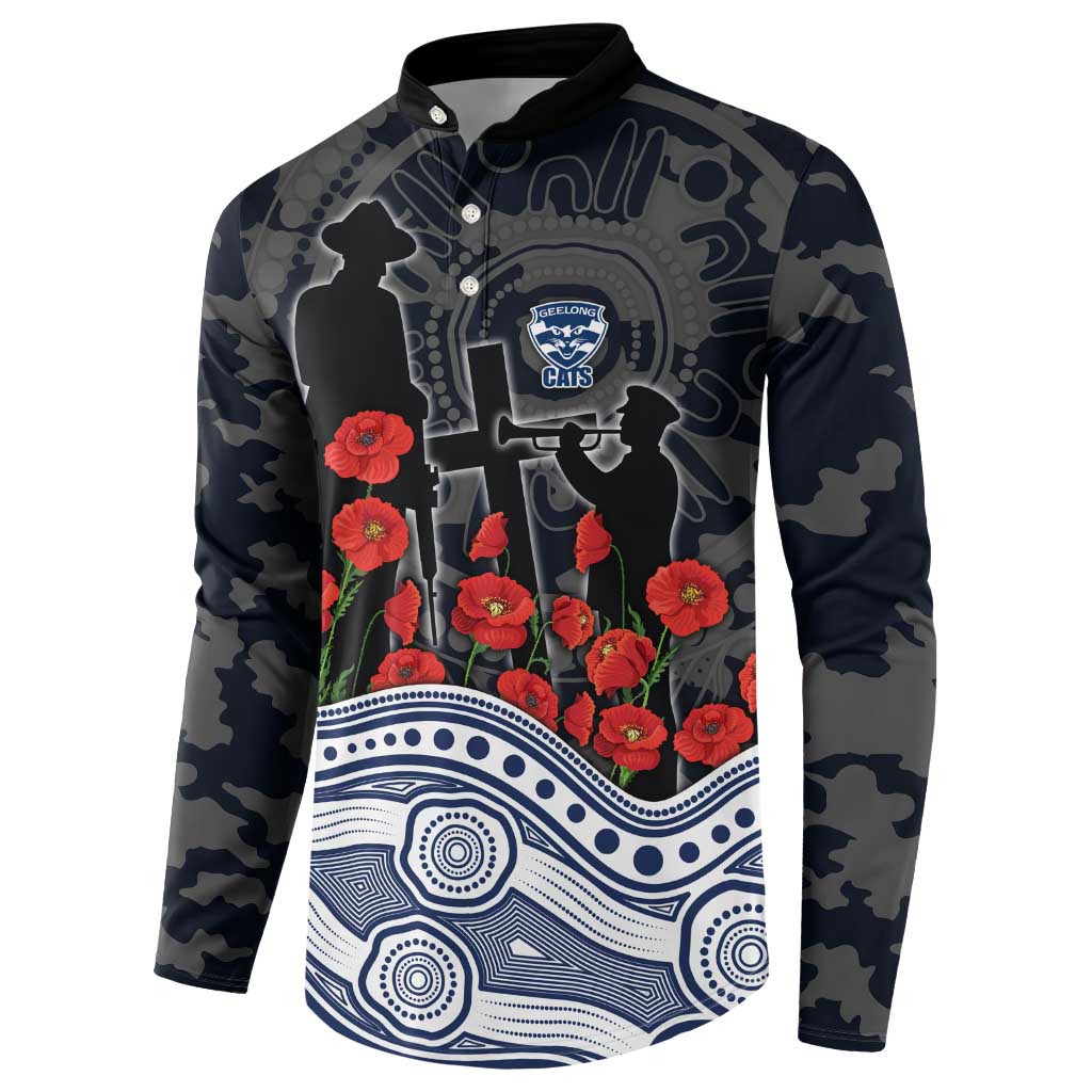 Geelong Cats ANZAC Day Button Sweatshirt Indigenous Dot Art with Poppy Flower Tribute
