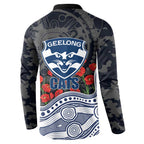 Geelong Cats ANZAC Day Button Sweatshirt Indigenous Dot Art with Poppy Flower Tribute