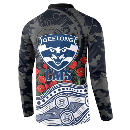 Geelong Cats ANZAC Day Button Sweatshirt Indigenous Dot Art with Poppy Flower Tribute