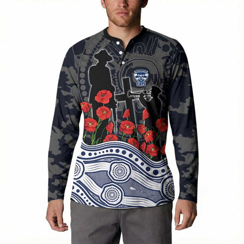 Geelong Cats ANZAC Day Button Sweatshirt Indigenous Dot Art with Poppy Flower Tribute