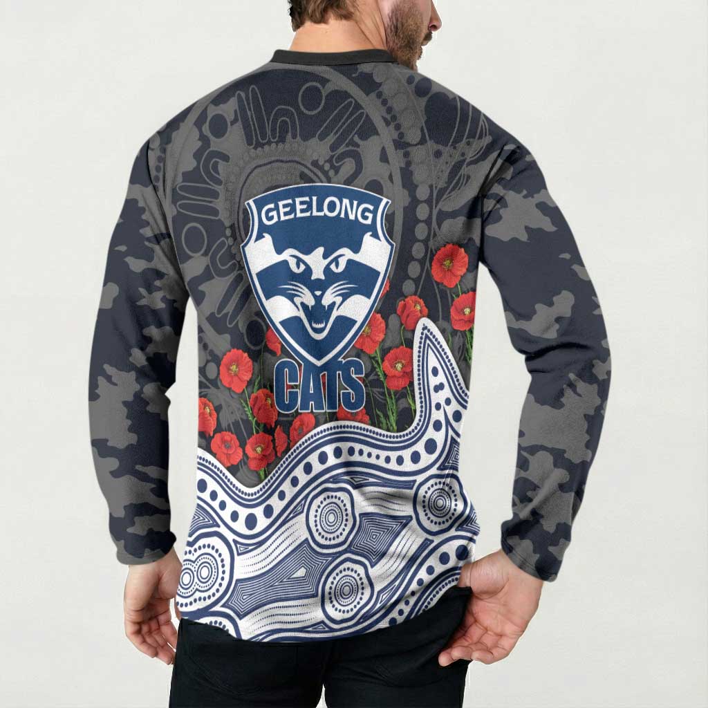 Geelong Cats ANZAC Day Button Sweatshirt Indigenous Dot Art with Poppy Flower Tribute
