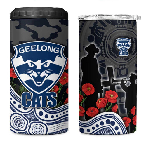 Geelong Cats ANZAC Day 4 in 1 Can Cooler Tumbler Indigenous Dot Art with Poppy Flower Tribute