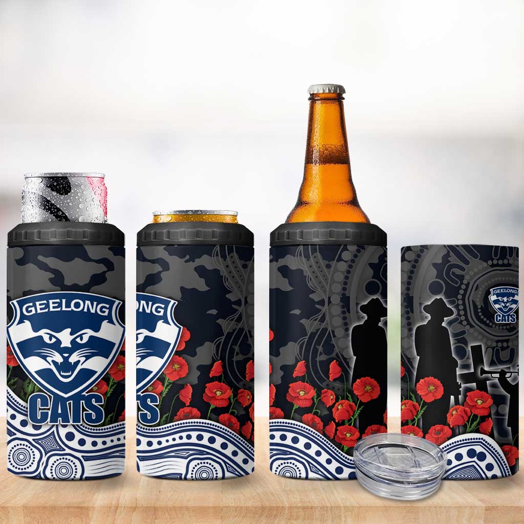 Geelong Cats ANZAC Day 4 in 1 Can Cooler Tumbler Indigenous Dot Art with Poppy Flower Tribute