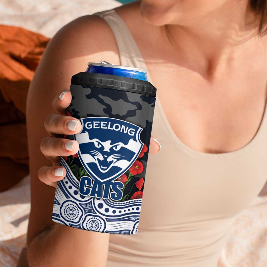 Geelong Cats ANZAC Day 4 in 1 Can Cooler Tumbler Indigenous Dot Art with Poppy Flower Tribute