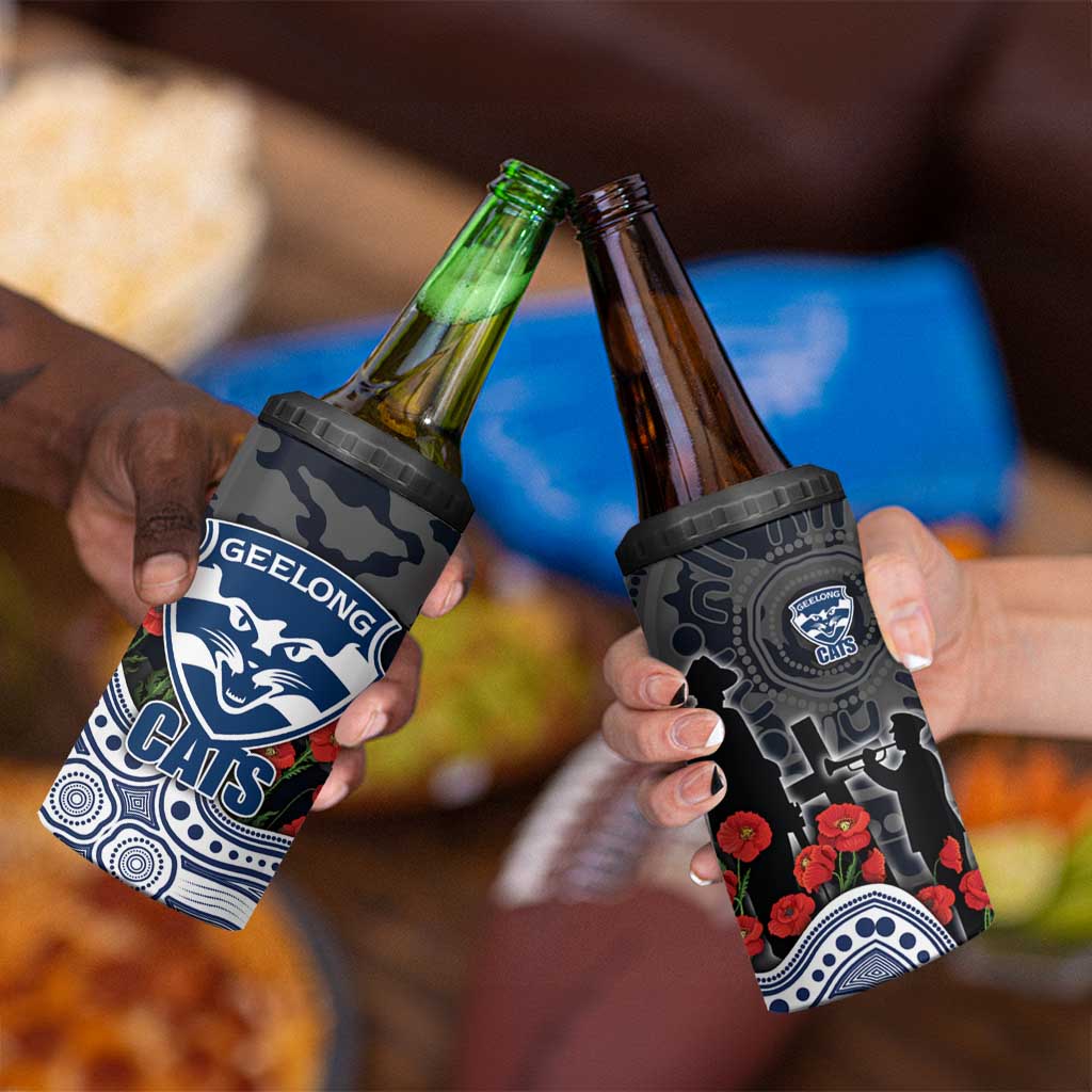 Geelong Cats ANZAC Day 4 in 1 Can Cooler Tumbler Indigenous Dot Art with Poppy Flower Tribute