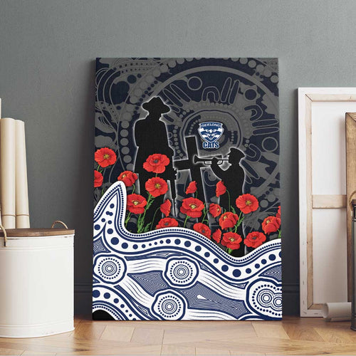 Geelong Cats ANZAC Day Canvas Wall Art Indigenous Dot Art with Poppy Flower Tribute