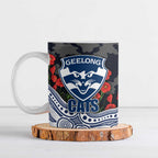 Geelong Cats ANZAC Day Ceramic Mug Indigenous Dot Art with Poppy Flower Tribute