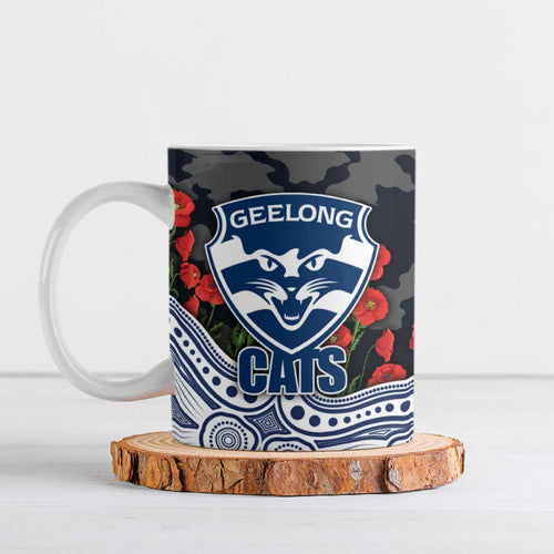 Geelong Cats ANZAC Day Ceramic Mug Indigenous Dot Art with Poppy Flower Tribute