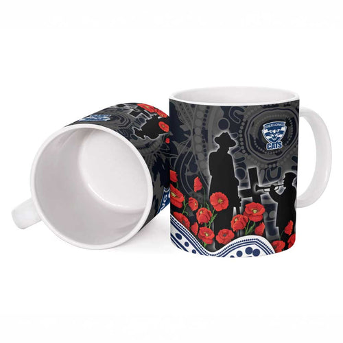 Geelong Cats ANZAC Day Ceramic Mug Indigenous Dot Art with Poppy Flower Tribute