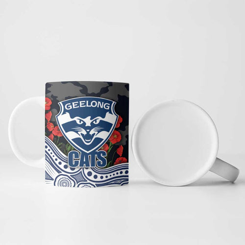 Geelong Cats ANZAC Day Ceramic Mug Indigenous Dot Art with Poppy Flower Tribute