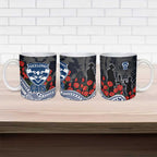 Geelong Cats ANZAC Day Ceramic Mug Indigenous Dot Art with Poppy Flower Tribute