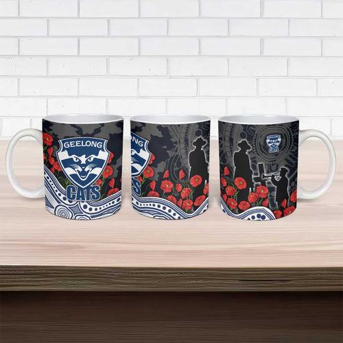 Geelong Cats ANZAC Day Ceramic Mug Indigenous Dot Art with Poppy Flower Tribute