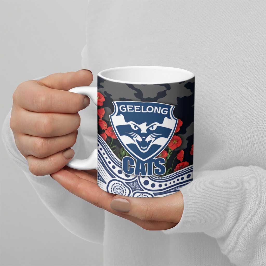 Geelong Cats ANZAC Day Ceramic Mug Indigenous Dot Art with Poppy Flower Tribute