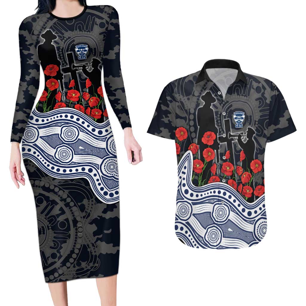 Geelong Cats ANZAC Day Couples Matching Long Sleeve Bodycon Dress and Hawaiian Shirt Indigenous Dot Art with Poppy Flower Tribute