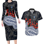 Geelong Cats ANZAC Day Couples Matching Long Sleeve Bodycon Dress and Hawaiian Shirt Indigenous Dot Art with Poppy Flower Tribute