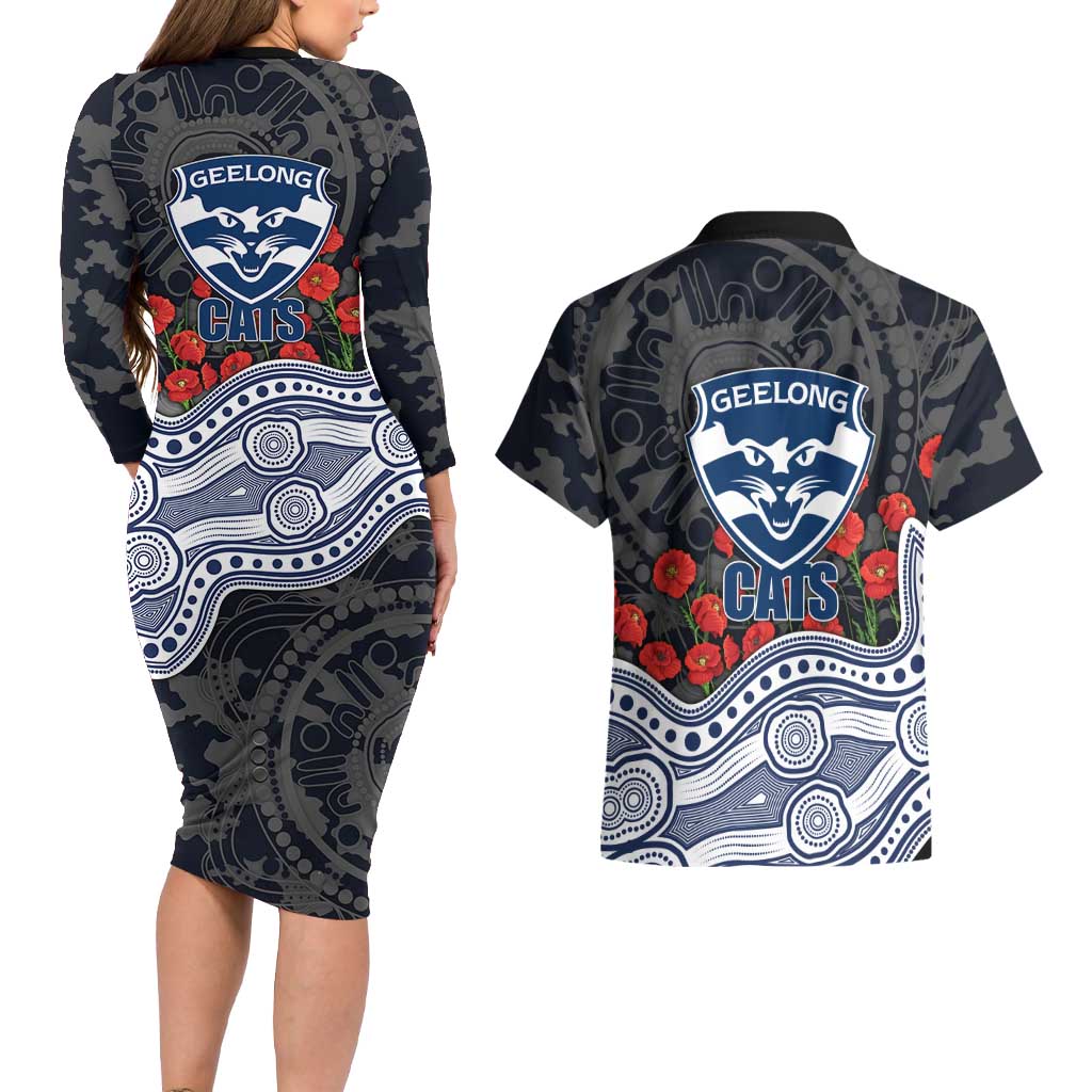 Geelong Cats ANZAC Day Couples Matching Long Sleeve Bodycon Dress and Hawaiian Shirt Indigenous Dot Art with Poppy Flower Tribute
