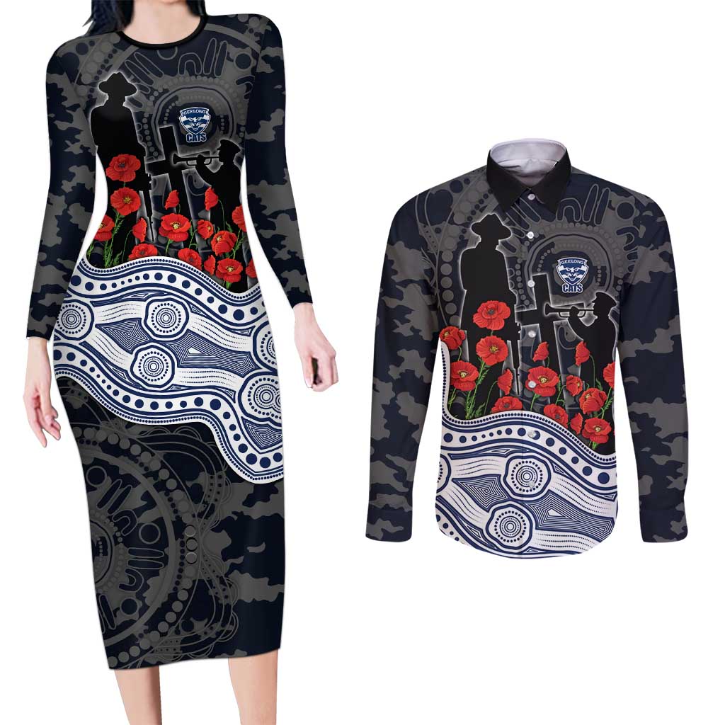 Geelong Cats ANZAC Day Couples Matching Long Sleeve Bodycon Dress and Long Sleeve Button Shirt Indigenous Dot Art with Poppy Flower Tribute