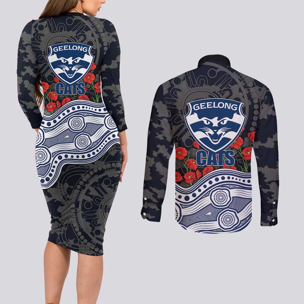 Geelong Cats ANZAC Day Couples Matching Long Sleeve Bodycon Dress and Long Sleeve Button Shirt Indigenous Dot Art with Poppy Flower Tribute