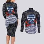 Geelong Cats ANZAC Day Couples Matching Long Sleeve Bodycon Dress and Long Sleeve Button Shirt Indigenous Dot Art with Poppy Flower Tribute