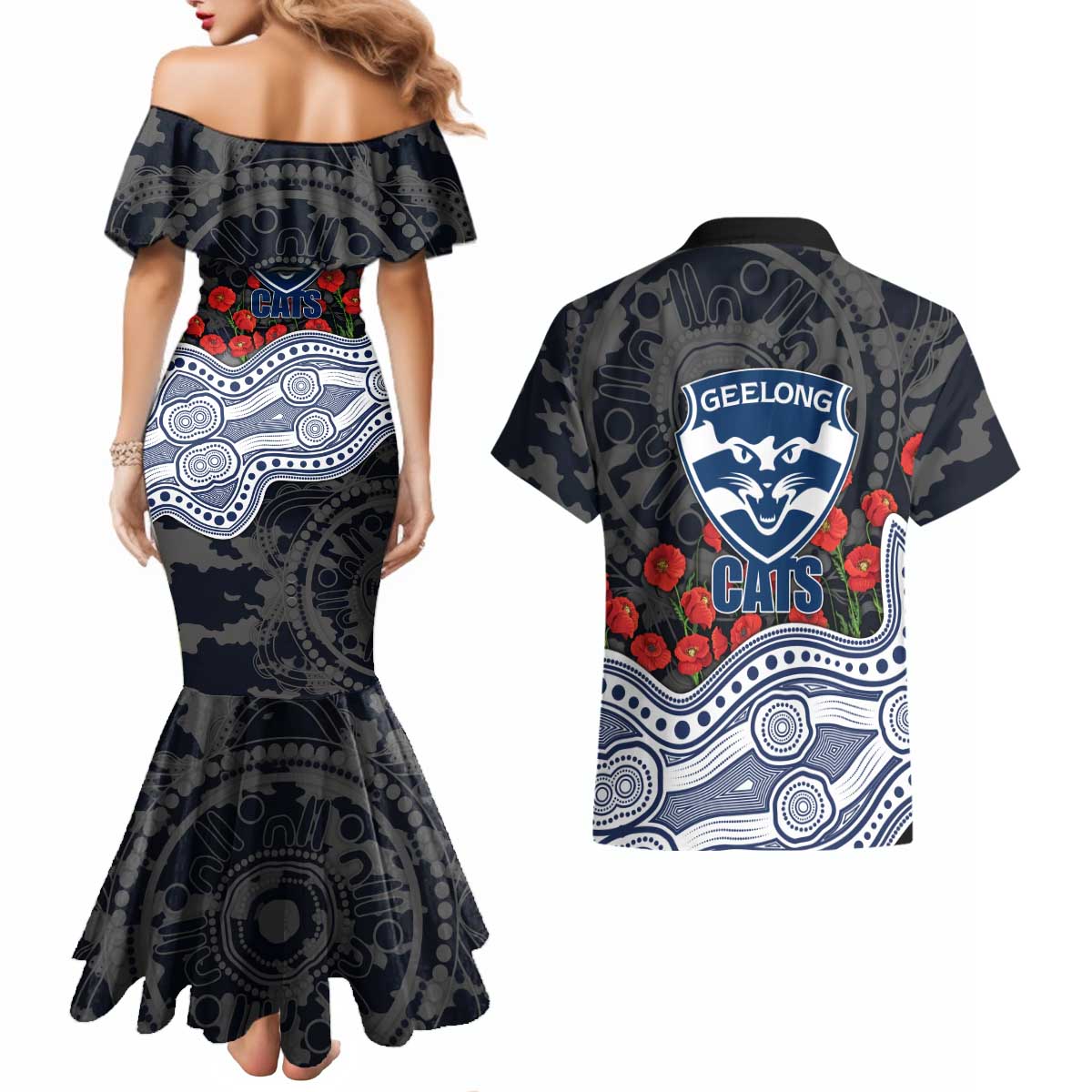 Geelong Cats ANZAC Day Couples Matching Mermaid Dress and Hawaiian Shirt Indigenous Dot Art with Poppy Flower Tribute
