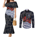 Geelong Cats ANZAC Day Couples Matching Mermaid Dress and Long Sleeve Button Shirt Indigenous Dot Art with Poppy Flower Tribute
