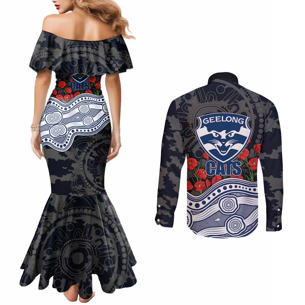 Geelong Cats ANZAC Day Couples Matching Mermaid Dress and Long Sleeve Button Shirt Indigenous Dot Art with Poppy Flower Tribute