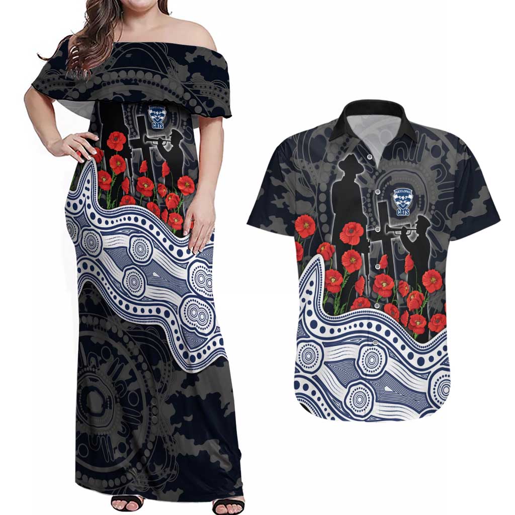 Geelong Cats ANZAC Day Couples Matching Off Shoulder Maxi Dress and Hawaiian Shirt Indigenous Dot Art with Poppy Flower Tribute