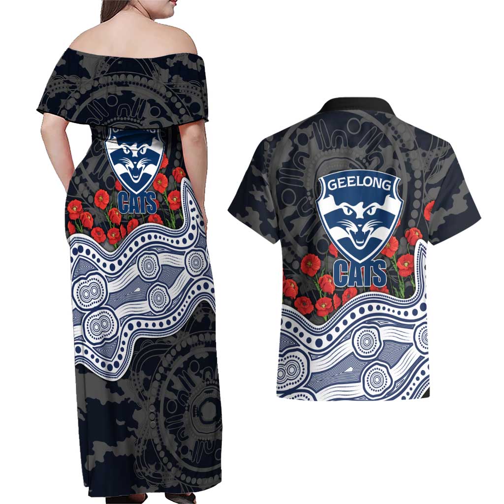 Geelong Cats ANZAC Day Couples Matching Off Shoulder Maxi Dress and Hawaiian Shirt Indigenous Dot Art with Poppy Flower Tribute