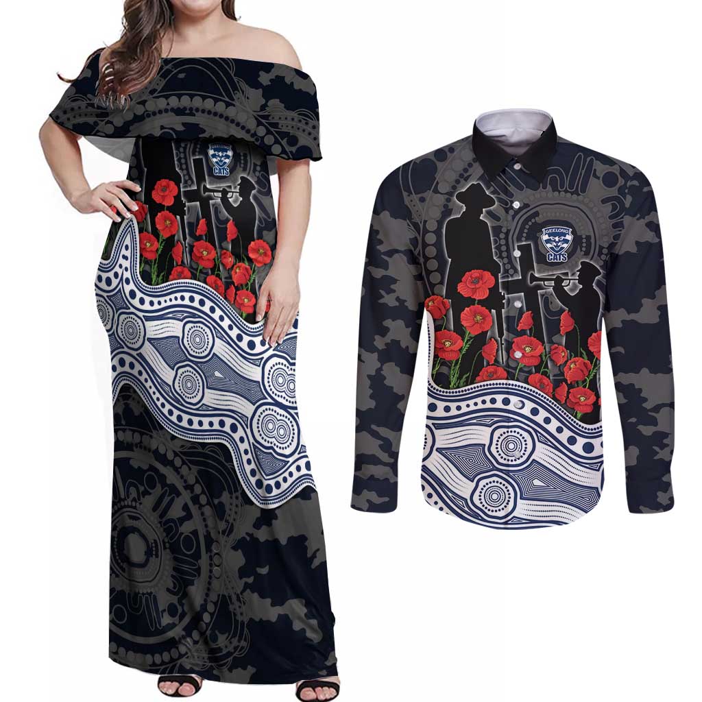Geelong Cats ANZAC Day Couples Matching Off Shoulder Maxi Dress and Long Sleeve Button Shirt Indigenous Dot Art with Poppy Flower Tribute