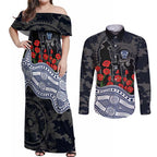 Geelong Cats ANZAC Day Couples Matching Off Shoulder Maxi Dress and Long Sleeve Button Shirt Indigenous Dot Art with Poppy Flower Tribute