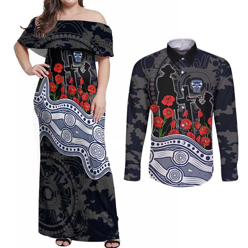 Geelong Cats ANZAC Day Couples Matching Off Shoulder Maxi Dress and Long Sleeve Button Shirt Indigenous Dot Art with Poppy Flower Tribute