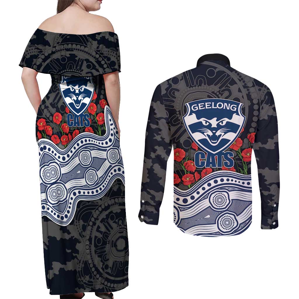 Geelong Cats ANZAC Day Couples Matching Off Shoulder Maxi Dress and Long Sleeve Button Shirt Indigenous Dot Art with Poppy Flower Tribute