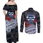 Geelong Cats ANZAC Day Couples Matching Off Shoulder Maxi Dress and Long Sleeve Button Shirt Indigenous Dot Art with Poppy Flower Tribute