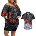 Geelong Cats ANZAC Day Couples Matching Off Shoulder Short Dress and Hawaiian Shirt Indigenous Dot Art with Poppy Flower Tribute