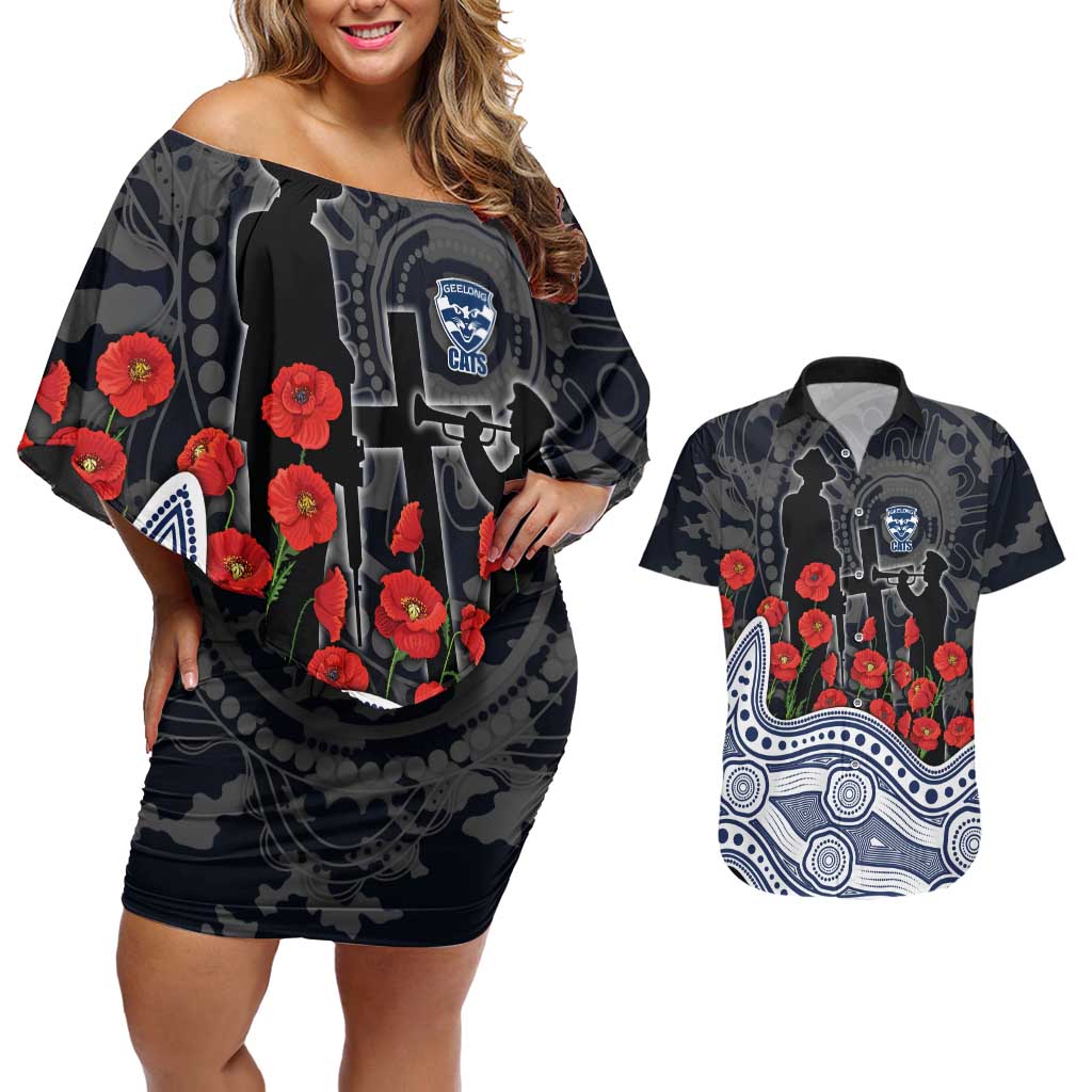 Geelong Cats ANZAC Day Couples Matching Off Shoulder Short Dress and Hawaiian Shirt Indigenous Dot Art with Poppy Flower Tribute
