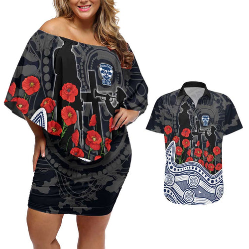 Geelong Cats ANZAC Day Couples Matching Off Shoulder Short Dress and Hawaiian Shirt Indigenous Dot Art with Poppy Flower Tribute