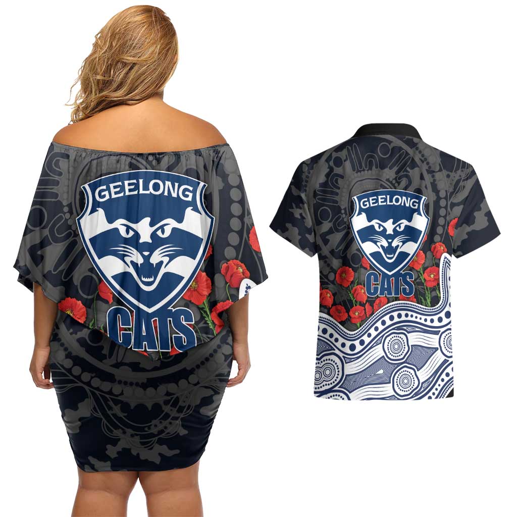 Geelong Cats ANZAC Day Couples Matching Off Shoulder Short Dress and Hawaiian Shirt Indigenous Dot Art with Poppy Flower Tribute