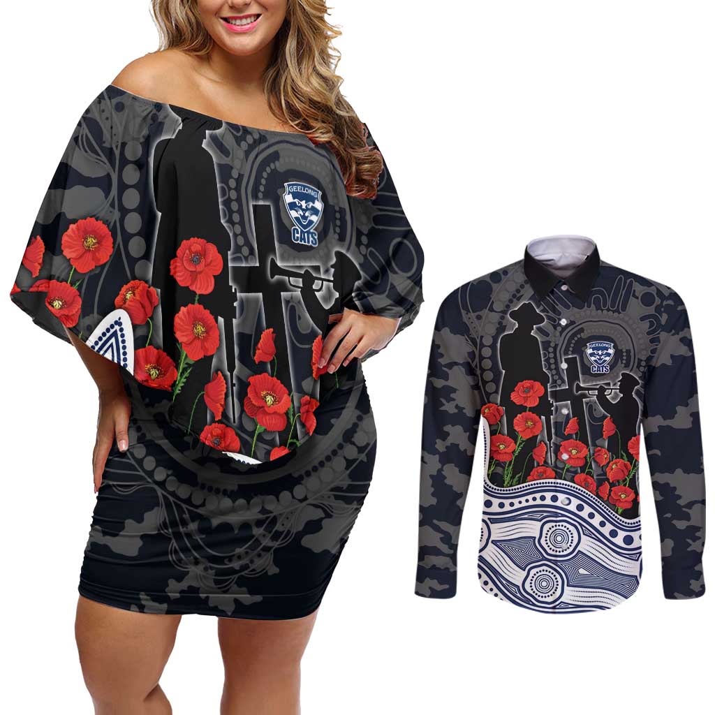 Geelong Cats ANZAC Day Couples Matching Off Shoulder Short Dress and Long Sleeve Button Shirt Indigenous Dot Art with Poppy Flower Tribute