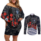 Geelong Cats ANZAC Day Couples Matching Off Shoulder Short Dress and Long Sleeve Button Shirt Indigenous Dot Art with Poppy Flower Tribute